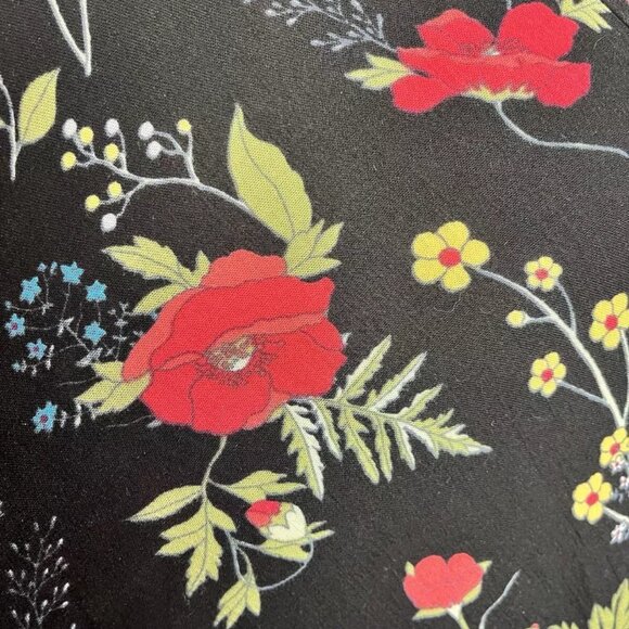 Floral Kimono Top XS Black Red Cinched Tie Front Express Wide Sleeve Rayon - Picture 6 of 8